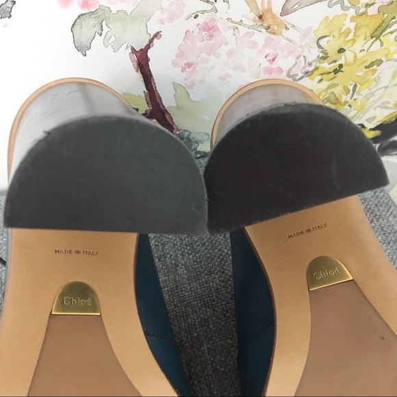 Chloe Blue Leather Brogue Block Oxford Block Heels - Picture 7 of 8